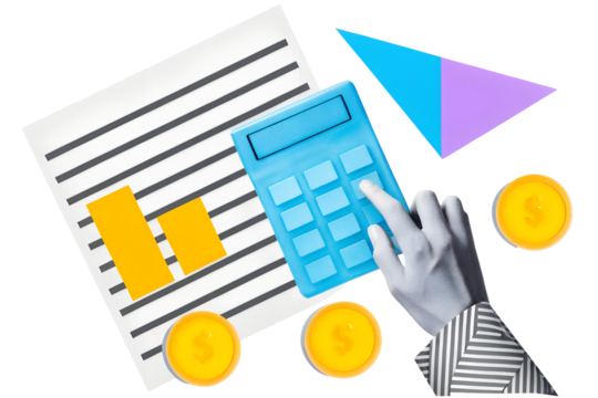 Hand with calculator, paper document and golden coins. Modern photo collage style. Illustration on transparent background