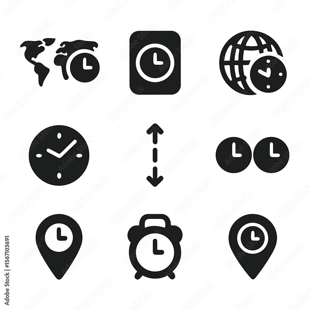 Poster world clock icons. solid, filled icon set of time zones and global clocks: world map with clock, utc