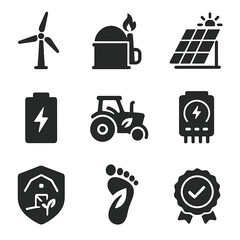 Renewable Agriculture Icons. Solid, filled icons set of renewable energy in agriculture: wind turbine, biogas