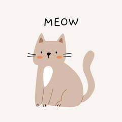 Cute cartoon cat with the word “MEOW” in a playful font. Minimalist nursery wall art in soft beige tones, perfect for kids room, baby prints, and pet-themed decor.