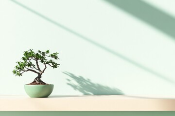 Tranquil scene with bonsai tree on minimalistic shelf for mindfulness meditation decor