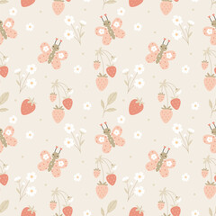 Cute seamless pattern with strawberries, daisies, and smiling butterflies. Soft pastel design perfect for baby clothes, nursery decor, wrapping paper, and children's products.