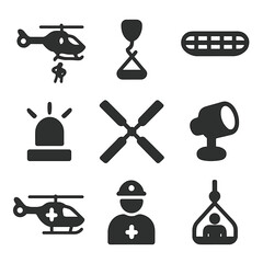 Rescue Operation Icons. Solid, filled icons set of helicopters and aircraft involved in rescue operations: