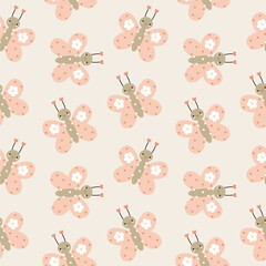 Seamless pattern with cute pink butterflies and floral details. Soft pastel design perfect for baby textiles, nursery decor, kids clothing, and spring-themed products.