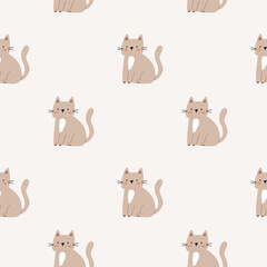 Seamless pattern with cute beige cats on light background. Minimalist and cozy design perfect for baby textiles, nursery decor, kids apparel, and wrapping paper.