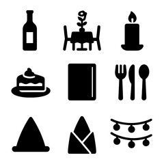 Romantic Dinner Icons. Solid, filled icons set of romantic dinner date: wine bottle, table for two, rose