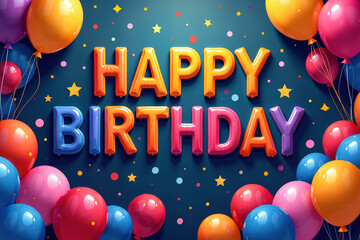 Balloons in various colors surround Happy Birthday letters on a dark blue background with confetti and stars, creating a festive atmosphere for a birthday celebration.