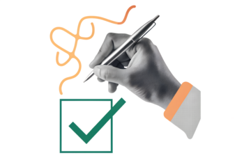 A black and white hand puts a green tick in a check box with a pen. Modern photo collage style. Illustration on transparent background