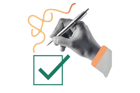 A black and white hand puts a green tick in a check box with a pen. Modern photo collage style. Illustration on transparent background