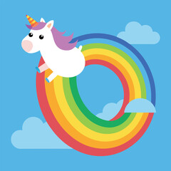 Obraz premium Cute unicorn sliding down vibrant rainbow, flat design vector illustration, whimsical fantasy character, colorful magical scene for kids