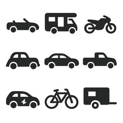 Scenic Drive Icons. Solid, filled icons set of scenic drive vehicle types: convertible, RV camper, motorcycle,