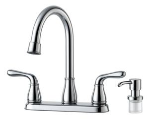 A two-handle kitchen faucet with a separate soap dispenser, enhancing convenience in a contemporary kitchen.