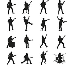 Silhouette musicians rock band guitarist drummer various poses