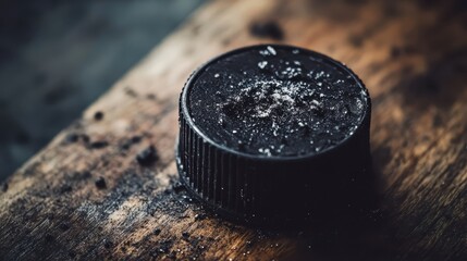 Close-up of a round black object covered in dust on wooden surface