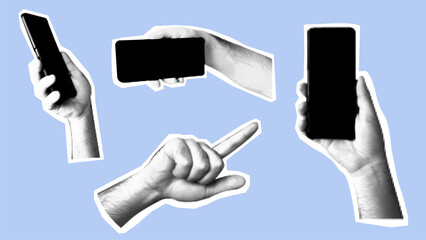 Set of Collage halftone man hand holding smart phone. Modern vector rock illustration isolated cut out element for infographic presentations mediapromotion poster website	