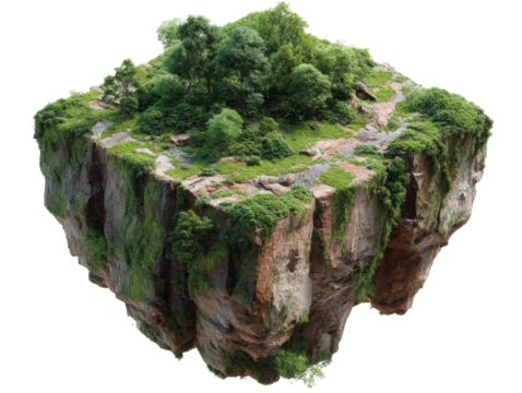 Floating island exploration nature lush environment aerial view isolated on transparent background