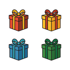 Gift box icon set, colorful cartoon vector presents with bows for birthday and holiday celebration, isolated flat design illustration
