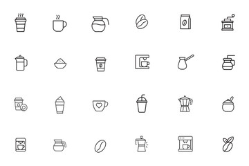 Coffee line icon set, vector outline symbols of cafe drinks, espresso machine, coffee maker, cup, and bean for menu and web design