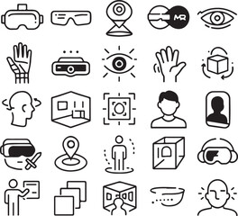 A collection of modern technology icons representing virtual reality augmented reality and mixed reality experiences and devices