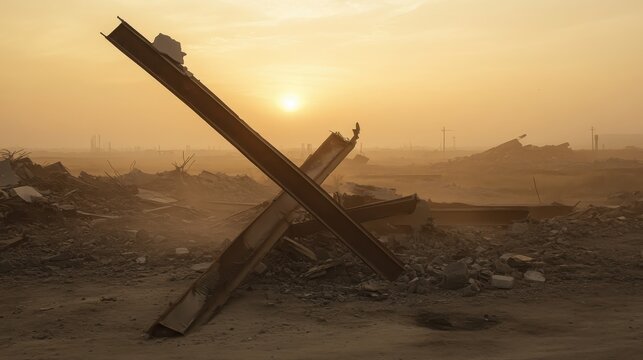 Industrial Ruins and Desolation at Sunset in Abandoned Landscape