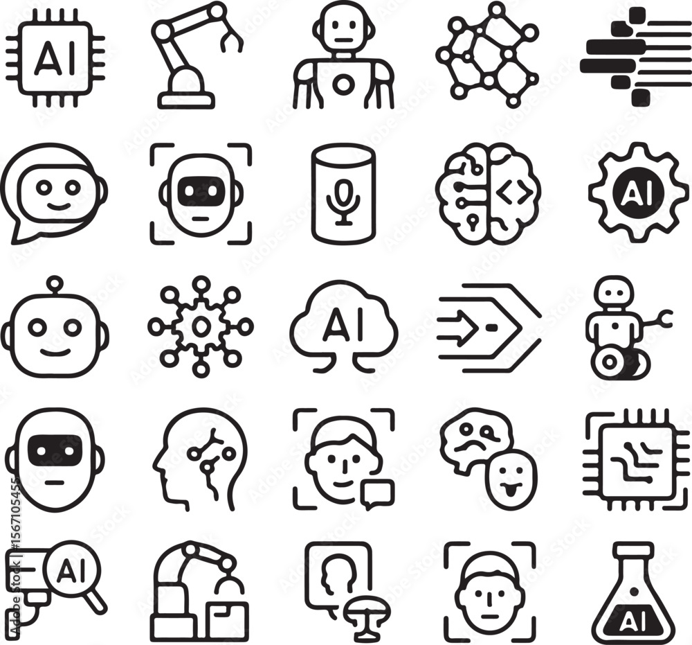 Poster collection of diverse artificial intelligence and robotics icons showcasing machine learning neural 