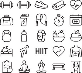 Collection of simple outline icons representing various fitness and wellness activities including exercise equipment healthy food and lifestyle elements