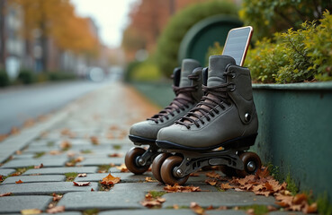 Pair of rollerblades with inserted smartphone leans on concrete curb. Autumn leaves around. Focus on technology, nature, sport and green tech concept.