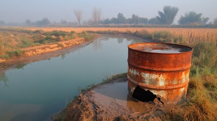 Fototapeta premium Rusty Metal Barrel by Calm Water in Serene Rural Landscape