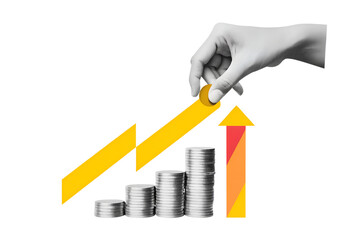 The hand places the coin in the highest pile in the row. Modern photo collage style. Illustration on transparent background