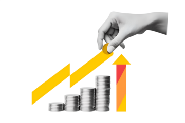 The hand places the coin in the highest pile in the row. Modern photo collage style. Illustration on transparent background