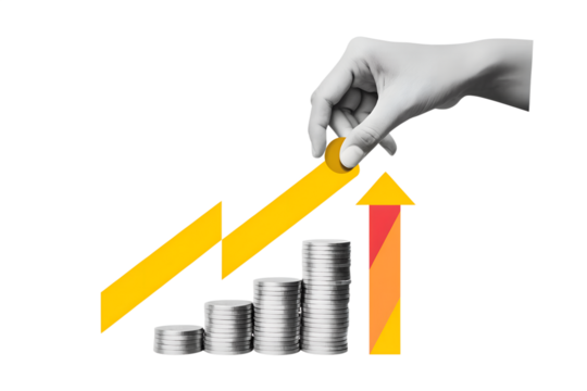 The hand places the coin in the highest pile in the row. Modern photo collage style. Illustration on transparent background