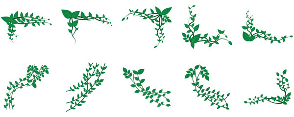 Set of tree root corner with dense green leaves, green leaf branch border vector