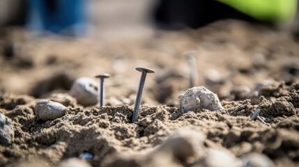 Close-Up of Nails and Gravel on Construction Site in Natural Light