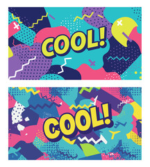 Fototapeta premium COOL! Pop Art Posters with Bright Memphis Geometric Patterns: Comic Bold Yellow Text, Energetic Abstract Design, 80s 90s Retro Aesthetic with Zigzags, Dots, Waves, Colorful Fun