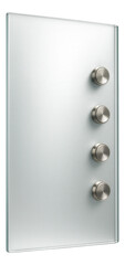A frosted glass shower panel with tactile control buttons for a sophisticated touch in a city apartment.