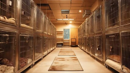 An interior view of a pet boarding facility with rows of stainless steel kennels.