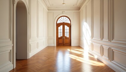 Elegant hallway with wooden door. Sunlight streams through door illuminating hardwood floor. Luxury home design with white walls, ceiling decor, grand entrance. Interior design with empty space.