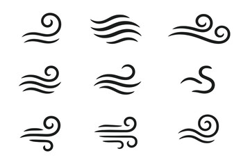 Fototapeta premium 10 black line icons of wind flow. Minimal swirls and curves for breeze, air, weather designs. Clean vector style.