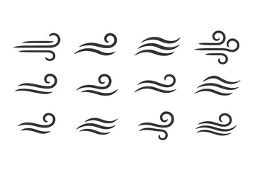 10 black vector icons of wind. Curved, minimalist breeze shapes for weather, UI, design. Clean black lines on white.