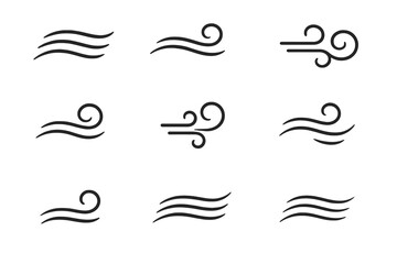 Vector set with 10 black and white airflow symbols. Simple swirl, curve, wave designs for clean, modern weather graphics.