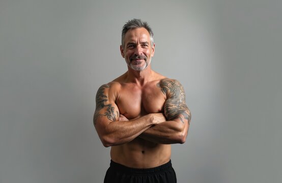 Shirtless muscular middle-aged man with tattoos poses in studio. Handsome male model with grey hair, strong body. Healthy fitness, active lifestyle, strength, senior, gym.