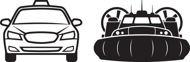 Black and white graphic icons of a taxi car and a hovercraft vehicle transportation