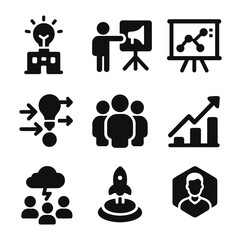 Startup Icons Grid. Solid, filled icons set of startup coworking ecosystems: innovation hub, pitch icon,