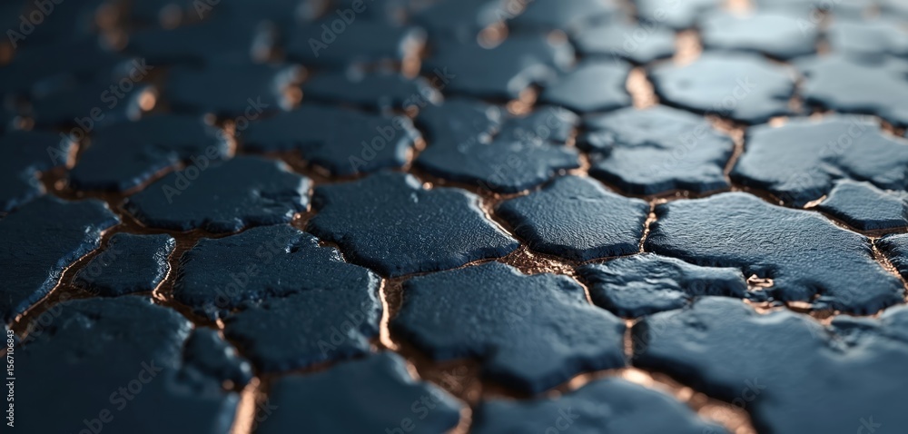 Poster abstract textured surface featuring hexagonal patterns. dark blue backdrop with subtle copper highli