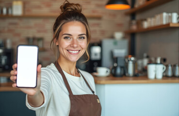 Young woman barista at coffee shop counter smiles holding blank smartphone screen. Cheerful female employee in apron, showing empty digital display for advertising app, menu online ordering. Cafe