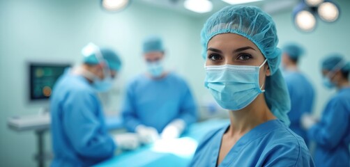 Female surgeon wearing surgical mask and cap, stands in operating room with medical team working. Healthcare, surgery, medical professionalism, represents confidence in care, treatment, procedure.