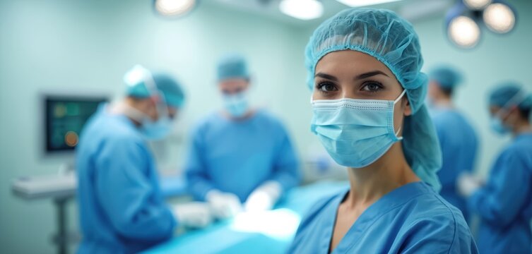 Female surgeon wearing surgical mask and cap, stands in operating room with medical team working. Healthcare, surgery, medical professionalism, represents confidence in care, treatment, procedure.