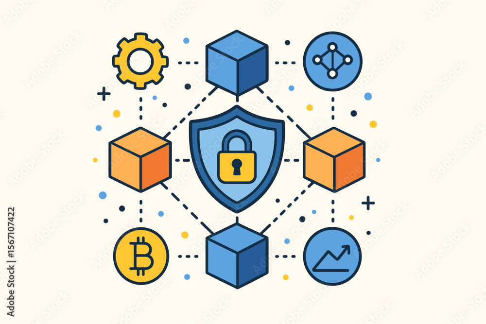 Poster blockchain technology network concept with secure decentralized data. cryptocurrency and fintech ill