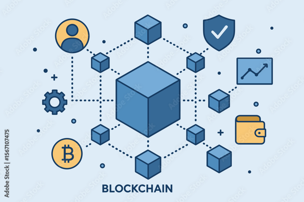 Poster blockchain technology network concept. vector illustration of a decentralized system with connected 