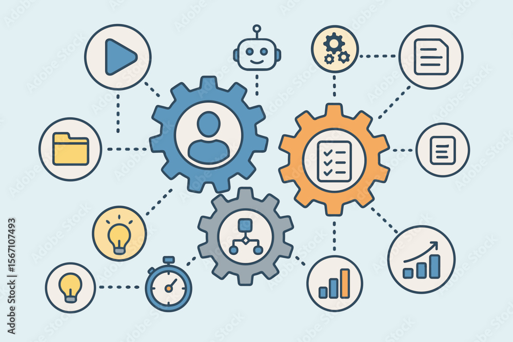 Poster business process management and workflow automation diagram with gears, robot, and icons. concept fo